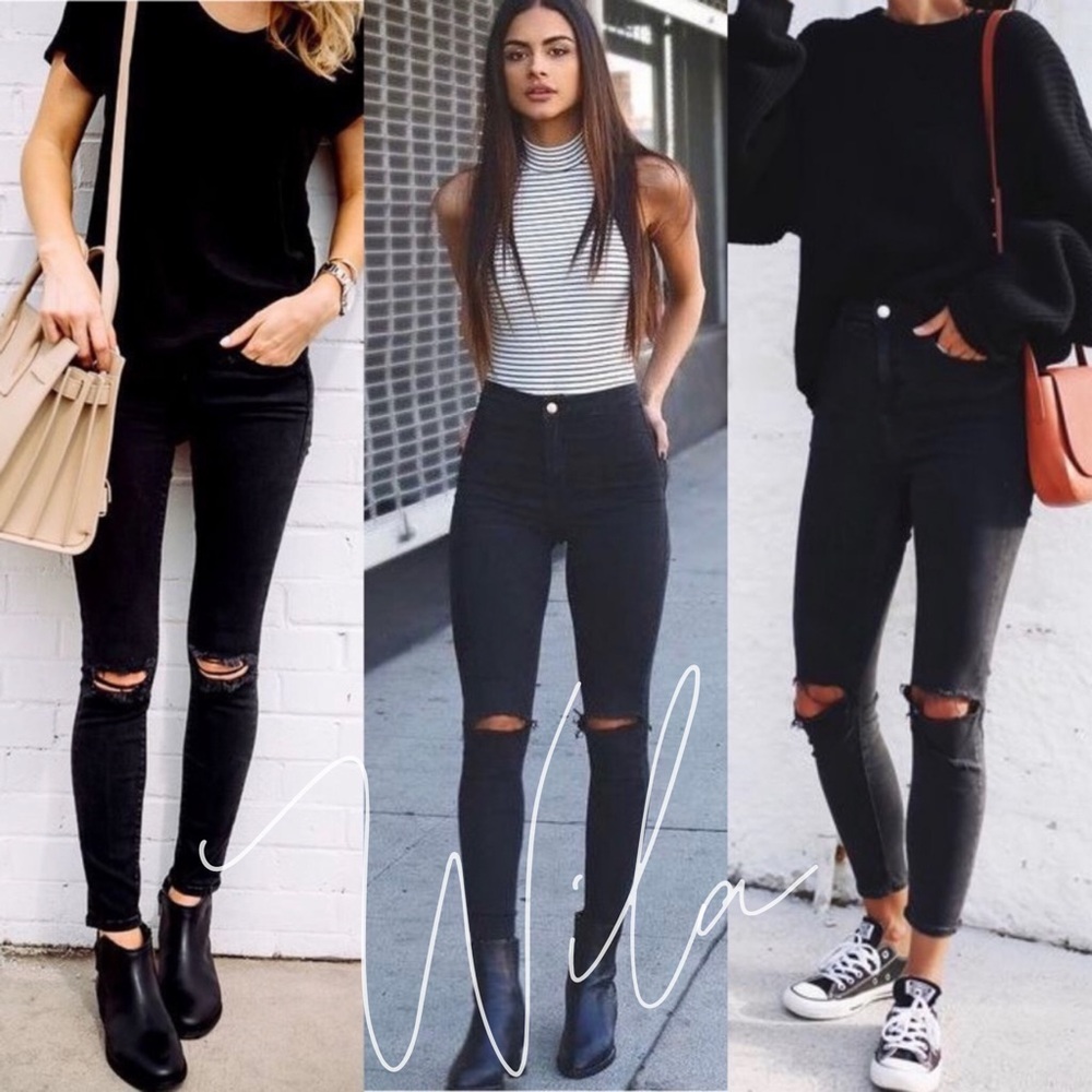 distressed black skinny jeans knee slits - Picture 1 of 5